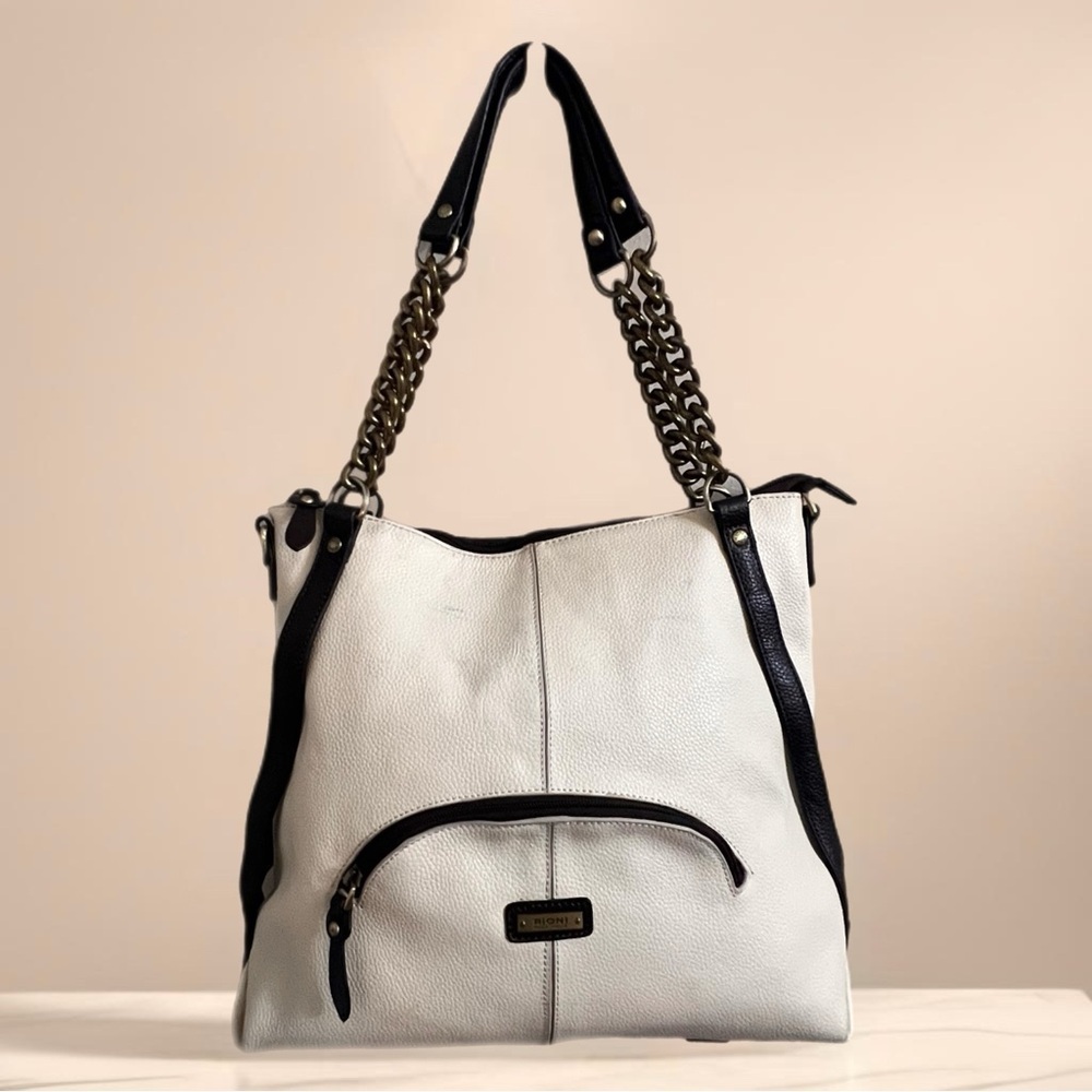 Rioni Quadra Chained Cream and Brown Tote Handbag